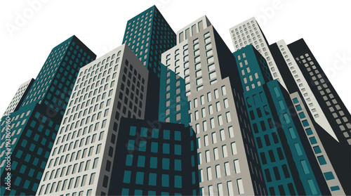 Modern geometric cityscape with stylized high-rise buildings and dynamic perspective