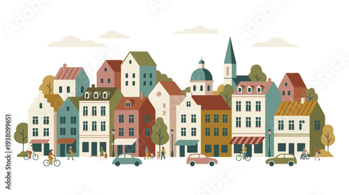 Quaint European town panorama with diverse buildings and daily life