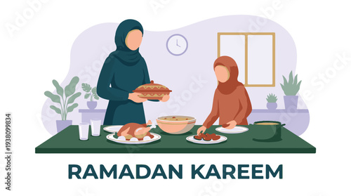 Muslim Women Preparing Iftar Meal for Ramadan Kareem Celebration