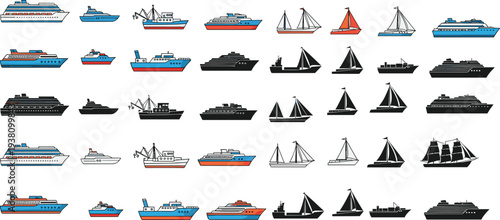 Set of boat and ship icons including cruise liners, sailboats, yachts, and fishing vessels in flat, line, and silhouette styles.