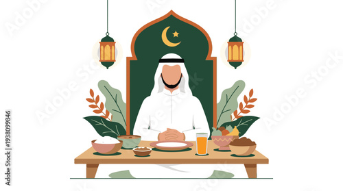 Muslim man celebrating Iftar with traditional food and Ramadan decorations