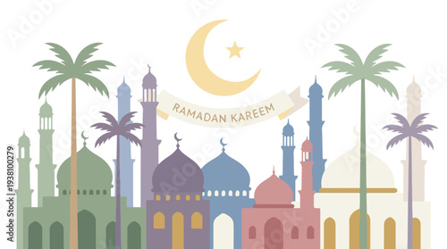Ramadan Kareem greeting with mosques, crescent moon, and palm trees