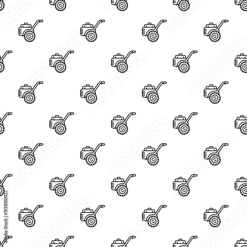 Rototillers repeating as a monochromatic graphic pattern on a white background