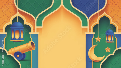 Vibrant islamic archway with lanterns crescent moon and stars on green blue and gold background for ramadan or eid celebration