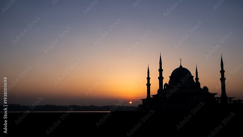 Naklejka premium Silhouette of a Mosque at Sunset.