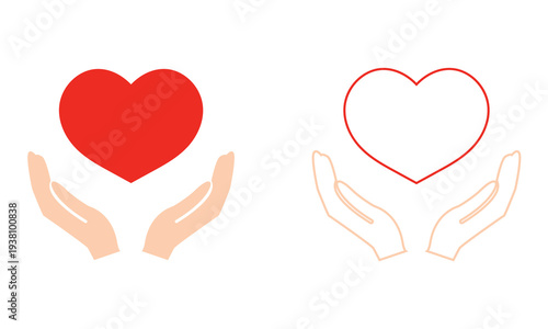 Charity icon. Simple support and care icon showing a hand holding a human figure with heart shape, symbolizing charity, protection, healthcare, and compassion.