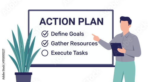 Man pointing to an action plan on a whiteboard, defining goals and gathering resources