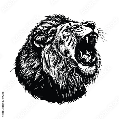 Black and white lion head illustration with fierce expression and open mouth on white background
