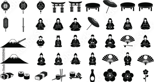 Collection of traditional Japanese culture icons featuring black silhouette symbols of samurai katana sushi kimono people torii gate and Mount Fuji