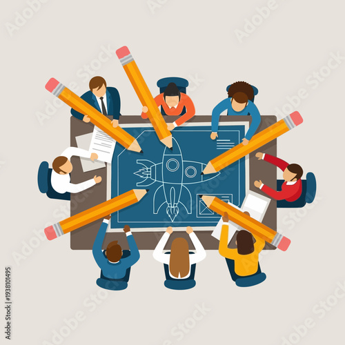 Team brainstorming startup idea, drawing rocket blueprint with giant pencils, business meeting