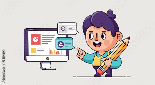 Creative Kid with Pencil and Computer, Illustrating Digital Content Creation and Learning