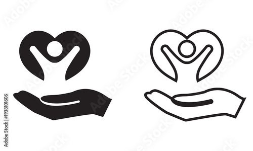 Charity icon. Simple support and care icon showing a hand holding a human figure with heart shape, symbolizing charity, protection, healthcare, and compassion.