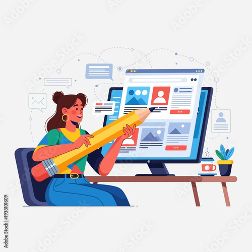 Creative woman writing on computer with giant pencil, online content creation, digital marketing