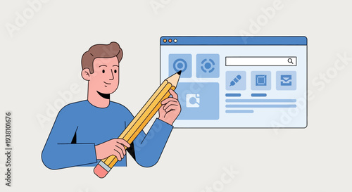 Man with giant pencil designing website interface on computer screen, digital art