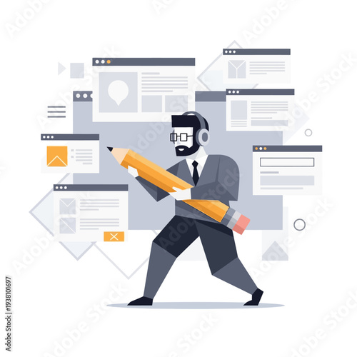 Man with giant pencil and headphones surrounded by web pages, concept of digital content creation and online work