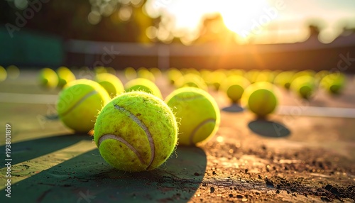 Tennis balls scattered on a court, bathed in warm sunlight. Bokeh effect blurs the background