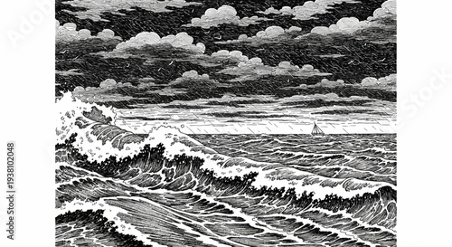 Dramatic monochrome illustration of ocean waves under a stormy sky