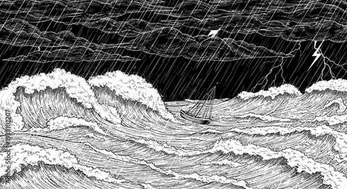 Stormy sea illustration depicting a small boat weathering the tempest