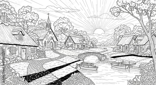 Black and white illustration of a village with church and river at sunset