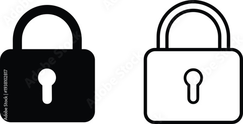 Black and white padlock icon set featuring solid and outlined lock designs with keyholes, symbolizing security, privacy, protection, and digital safety for interface design projects