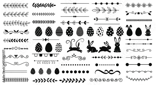Collection of black and white vector graphic elements featuring decorative dividers and easter bunny illustrations