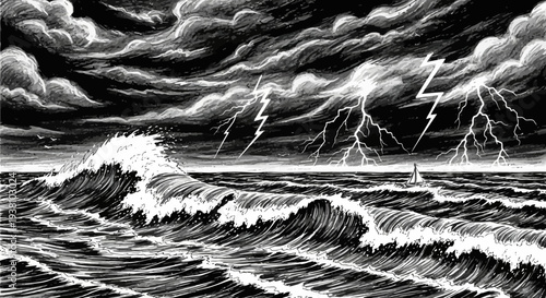 Dramatic seascape illustration with lightning strikes and turbulent waves
