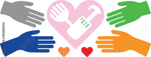 colorful hands around a heart with a medical symbol inside  symbolizing care and health