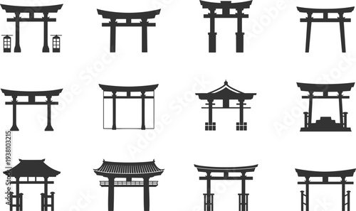 Japanese torii gate and shrine architecture silhouette set isolated on white background, traditional Shinto entrance icons, Asian cultural landmark illustration collection