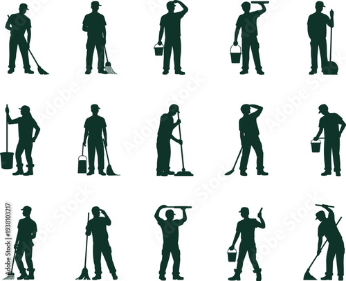 Janitor and cleaning worker silhouette set with mop, broom and bucket isolated on white background, professional housekeeping illustration collection
