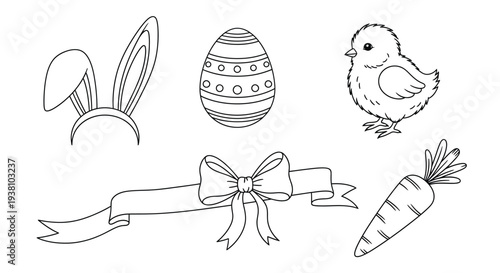 Adorable black and white vector illustration set featuring essential elements for celebrating the spring holiday