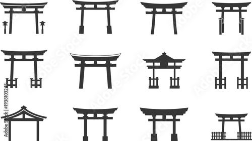 Japanese torii gate silhouette set isolated on white background, traditional shrine entrance architecture icons collection, Asian cultural landmark illustration bundle