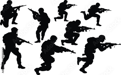 Military soldier silhouette set with tactical combat poses and assault rifle isolated on white background, army action illustration collection