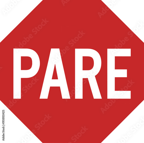"Red octagonal PARE stop sign illustration with bold white lettering, traffic safety symbol used in Spanish and Portuguese countries for road regulation and driving awareness"