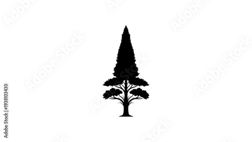 Silhouette of a stylized tree with tall conical shape and layered branches