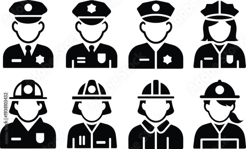Set of police officer and firefighter silhouettes in diverse uniform styles and gender representation, public safety icons for law enforcement and emergency service illustration design.