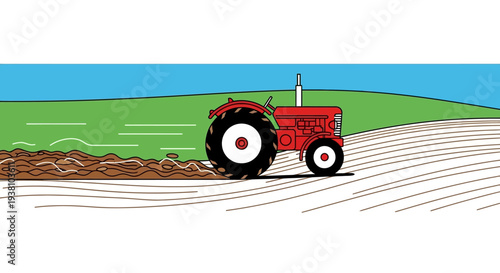 Red tractor plowing a field with a green landscape.