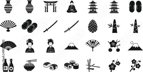Collection of traditional Japanese culture icons featuring black silhouette symbols of samurai katana sushi kimono people torii gate and Mount Fuji