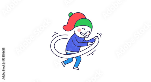 Cartoon child happily playing with a hula hoop.
