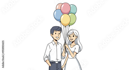Cartoon Couple Holding Colorful Balloons Together.