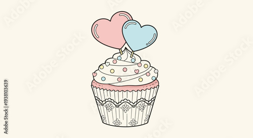 Cupcake with Heart Shaped Balloons on Top.