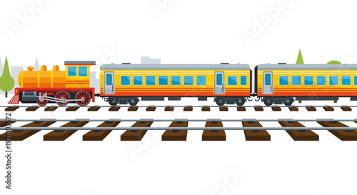 Colorful cartoon train on railway tracks with white background.