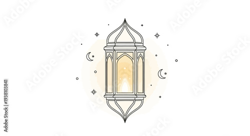 Islamic lantern with glowing light surrounded by stars and crescent moons.