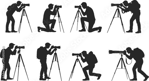 Silhouettes of photographers using tripods in various stances with cameras and backpacks, capturing shots in dynamic poses, professional photography art illustration design.