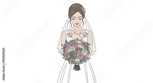 Bride holding flowers in white wedding dress.