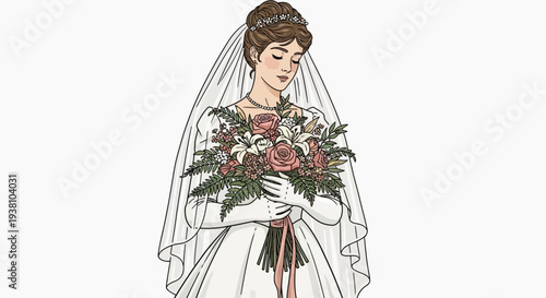 Bride Holding Wedding Bouquet Illustration.