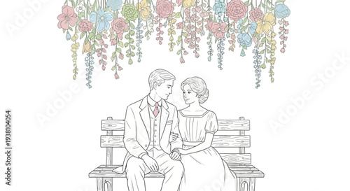 Couple Sitting Together on Bench Under Flowers.