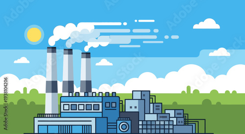 Industrial factory with smokestacks emitting smoke into the atmosphere.