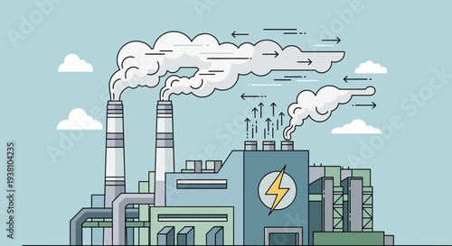 Industrial power plant with smokestacks emitting smoke and pollution into the atmosphere.