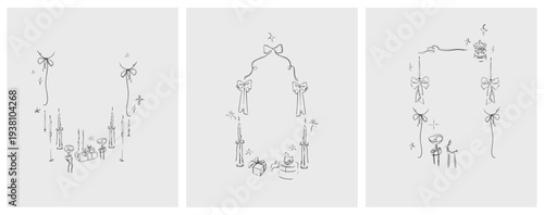 Hand drawn vector abstract outline,graphic,line celebration ornament party frames set in drawing elegant style.Elegant decoration vintage outline design isolated.Birthday,Christmas,party frames design