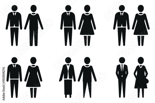 Stylized professional human figures in silhouette pairs, showcasing diverse formal and semi-formal attire combinations for gender representation, signage, business iconography, and infographic design.
